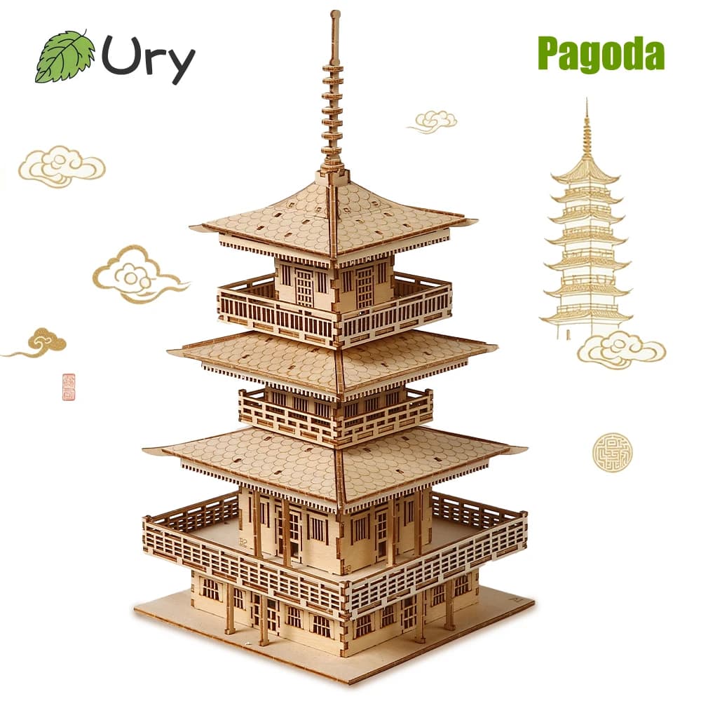 URY 3D Torre di Legno Antica Pagoda Puzzle Tradizionale Cinese con Luce Modello Fai da Te Gioco di Montaggio Giocattolo da Tavolo Regalo per Bambini Adulti