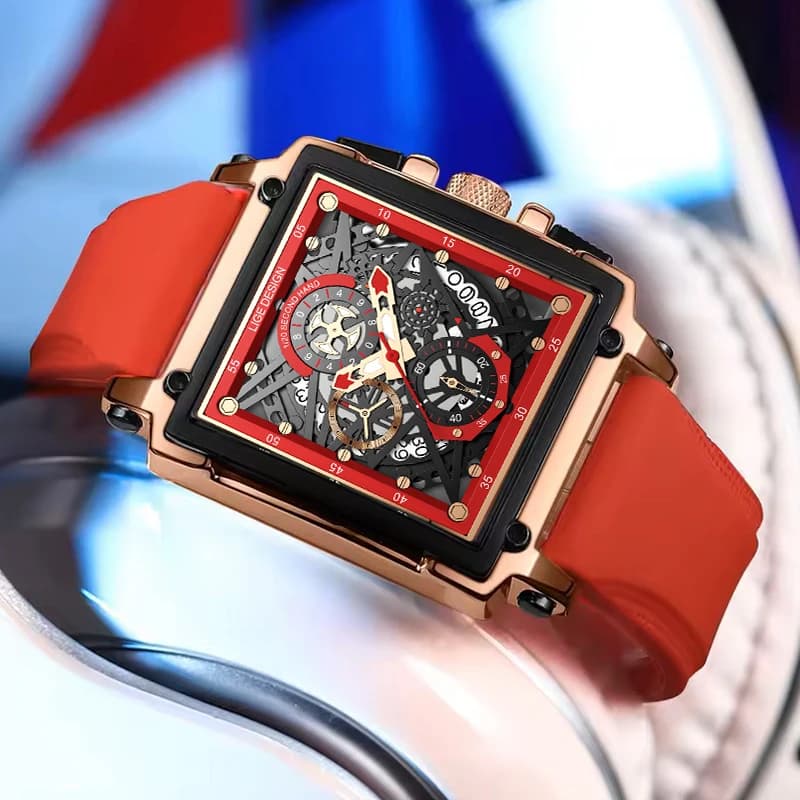 LIGE Nuovo Orologio Quadrato Cronografo Creativo con Quadrante Cavo, Moda Uomo, Business, Silicone, Impermeabile, al Quarzo, Montre Homme + SCATOLA