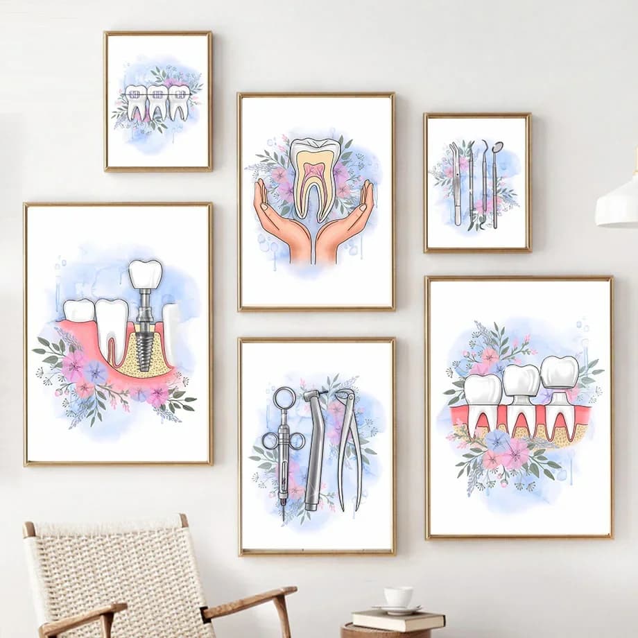 (No frame)Watercolor Tooth Anatomy Floral Caduceus Dentist Gift Wall Art Canvas Painting Posters And Prints Wall Pictures For