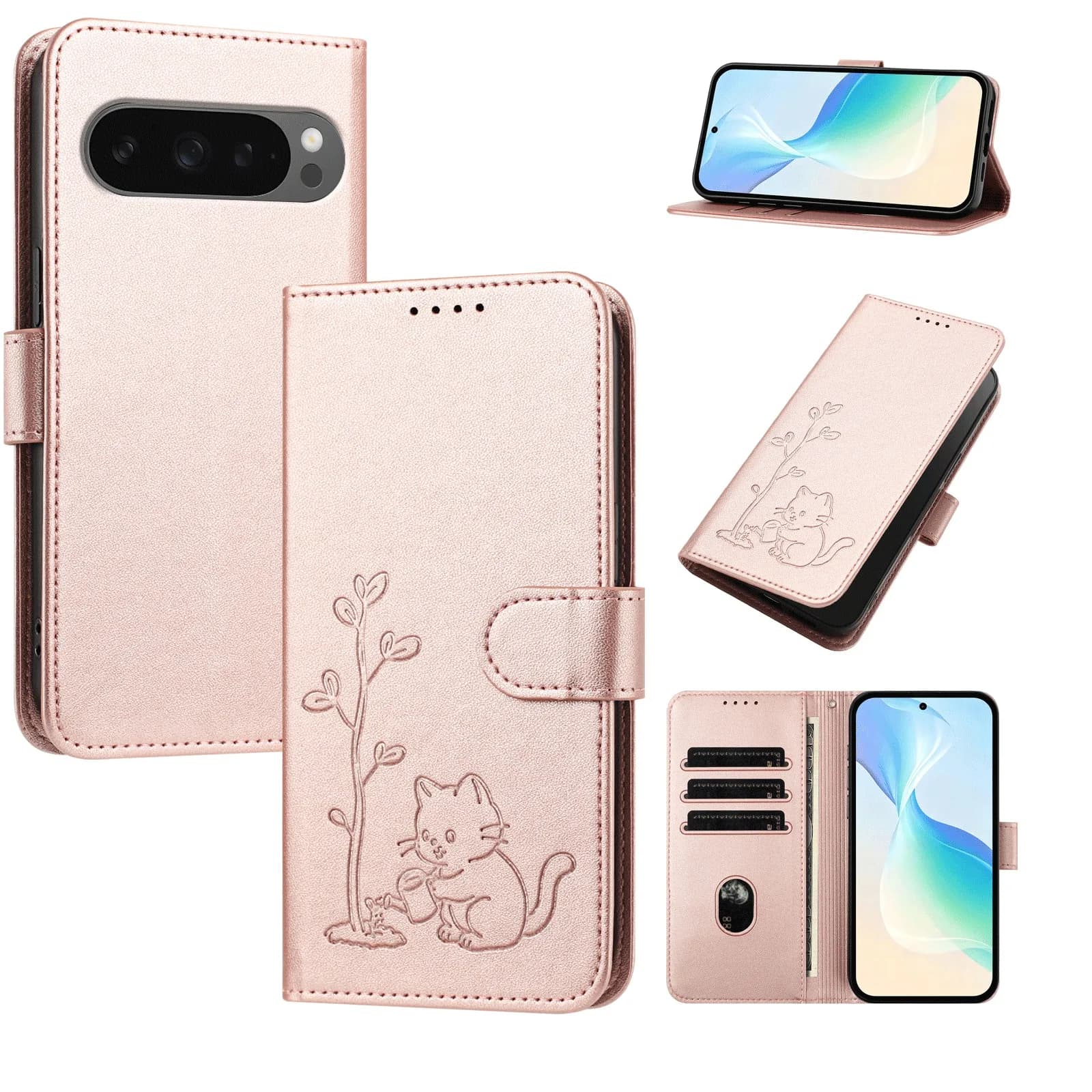 Custodia a Libro in Pelle Antiurto con Slot per Carte e Funzione Stand per Google 11 Pro XL 10 Pro 9a 8a, Design Gatto Carino che Annaffia l'Albero
