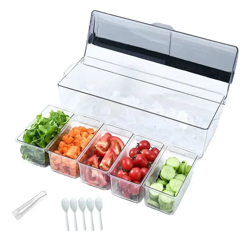 ABMR-Sushi Fruit Salad Storage Box Condiment Tray With Lid 5 Removable Compartment With 5 Spoons 1 Clip For Fruit Salad Food