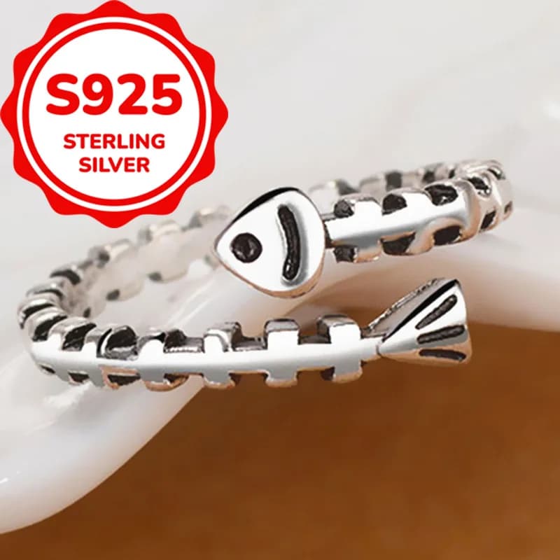 925 sterling silver retro old style simple fish bone opening adjustable ring women's daily versatile light luxury ring