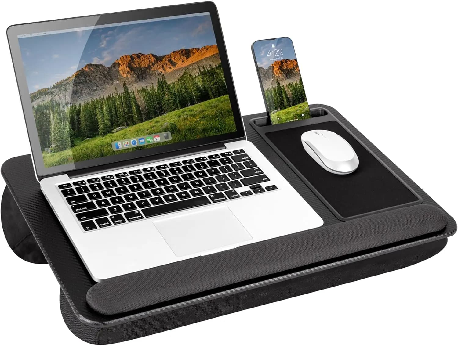 Scrivania ergonomica con poggiapolsi, tappetino per mouse e supporto per telefono per laptop fino a 15,6 pollici - Design in carbonio nero