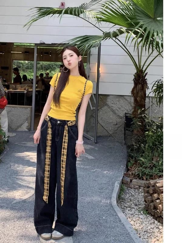 High Waist Straight Leg Denim Pants Women's Summer Loose Floor-Length Plaid Patchwork Vintage American Style Jeans