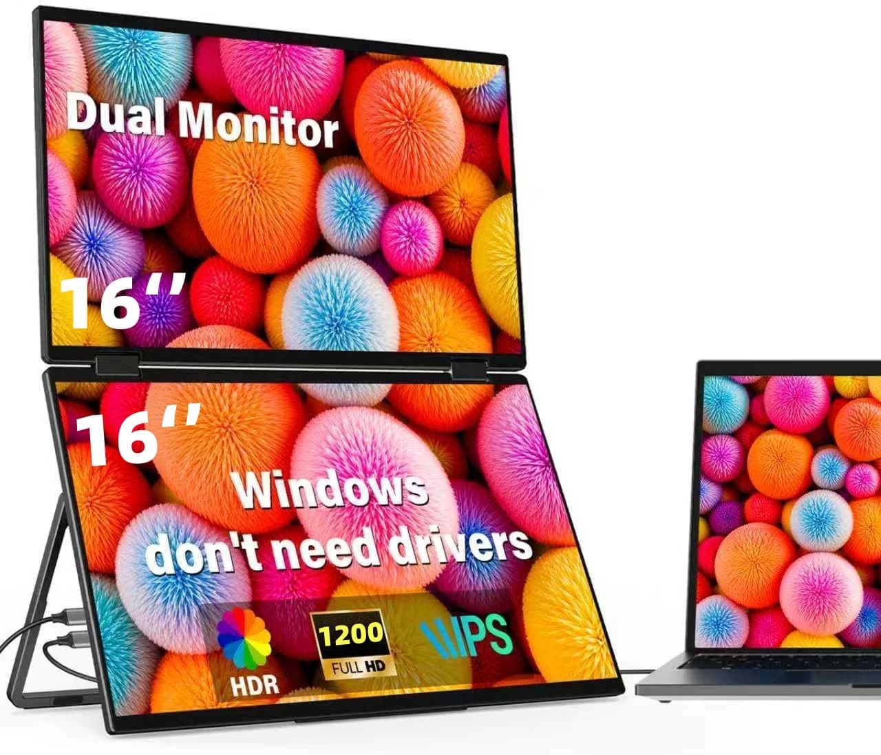 Dual Screen Portable Monitor, 16" 1920×1200 Foldable Dual Display | Laptop Extended Screen with Stand | USB-C & HDMI Dual Monito