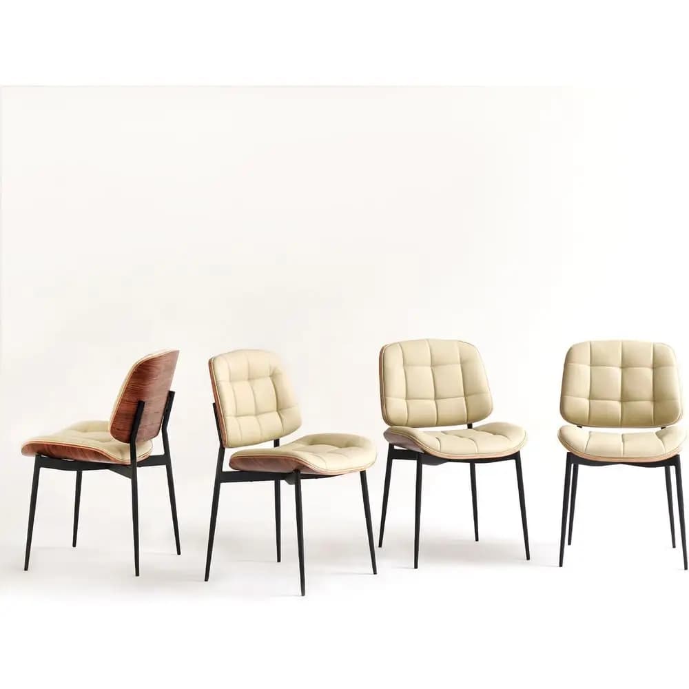 Set di 4 Sedie da Pranzo in Pelle Beige con Schienale Effetto Noce, Cuscini a Quadretti e Poggiapiedi Regolabili