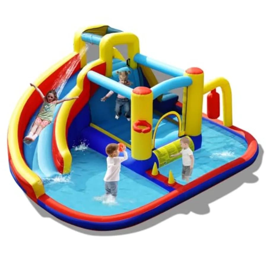 Gonfiabile Bounce House con Scivolo, Piscina, Sacco da Boxe, Lancio Anelli, Parete da Arrampicata, Canestro da Basket, per Interni ed Esterni