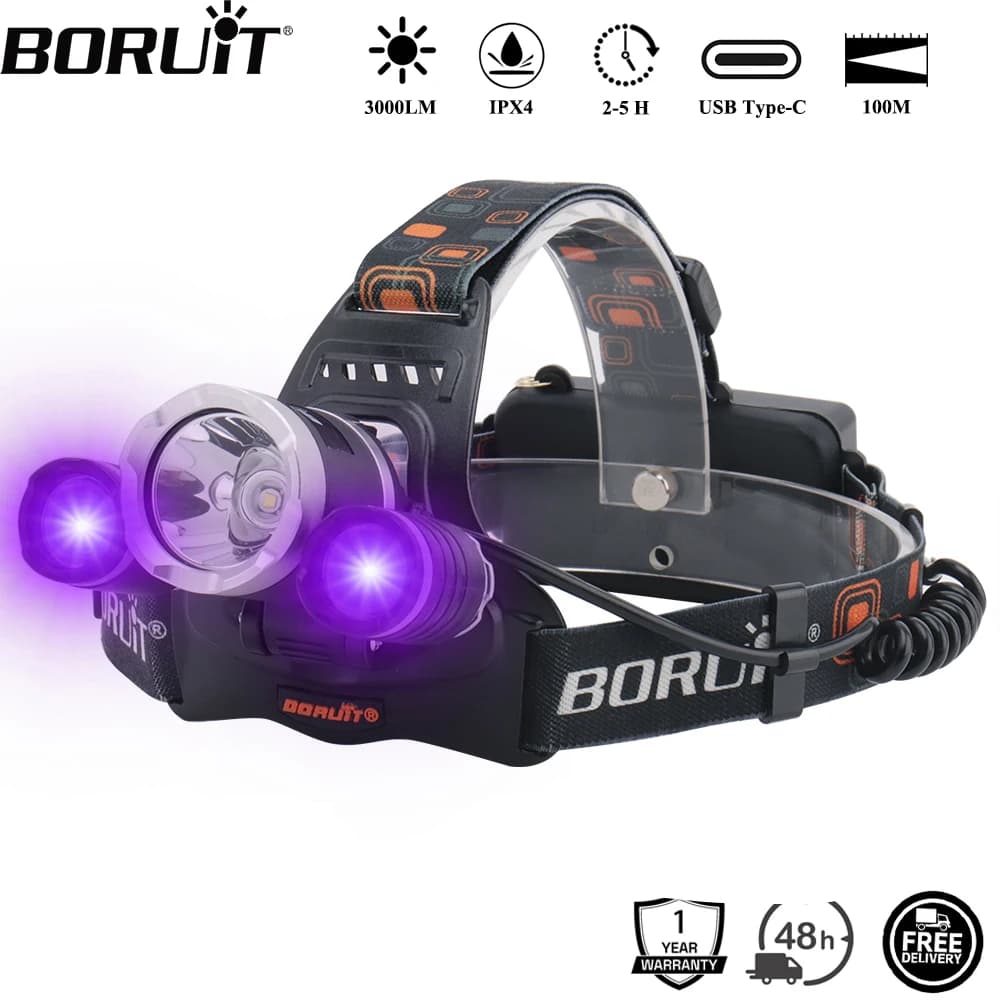 BORUiT RJ-3000 390nm UV LED Headlamp Type-C Rechargeable Super Bright Headlight Waterproof Head Torch Camping Fishing Lantern