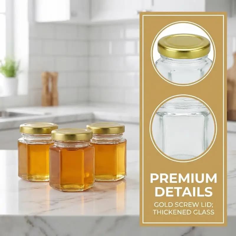 Set di 3/5 Barattoli Esagonali Mini da 45ml con Coperchi per Conservazione Fai-da-Te di Miele, Spezie, Marmellata, Bomboniere per Matrimoni e Feste