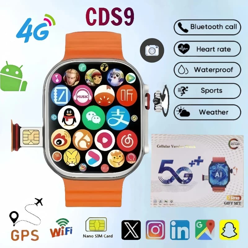 CDS9 New Android Smartwatch 4G Network SIM Card WiFi Rotary Camera Amoled Google Play Store Global Version Smart Watch Men Women