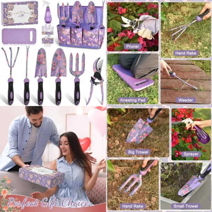 Gardening Tools, 10 Piece Heavy Duty Purple Garden Tool Set Durable Garden Supplies Organizer Bag Garden Hand Tools Grandmother