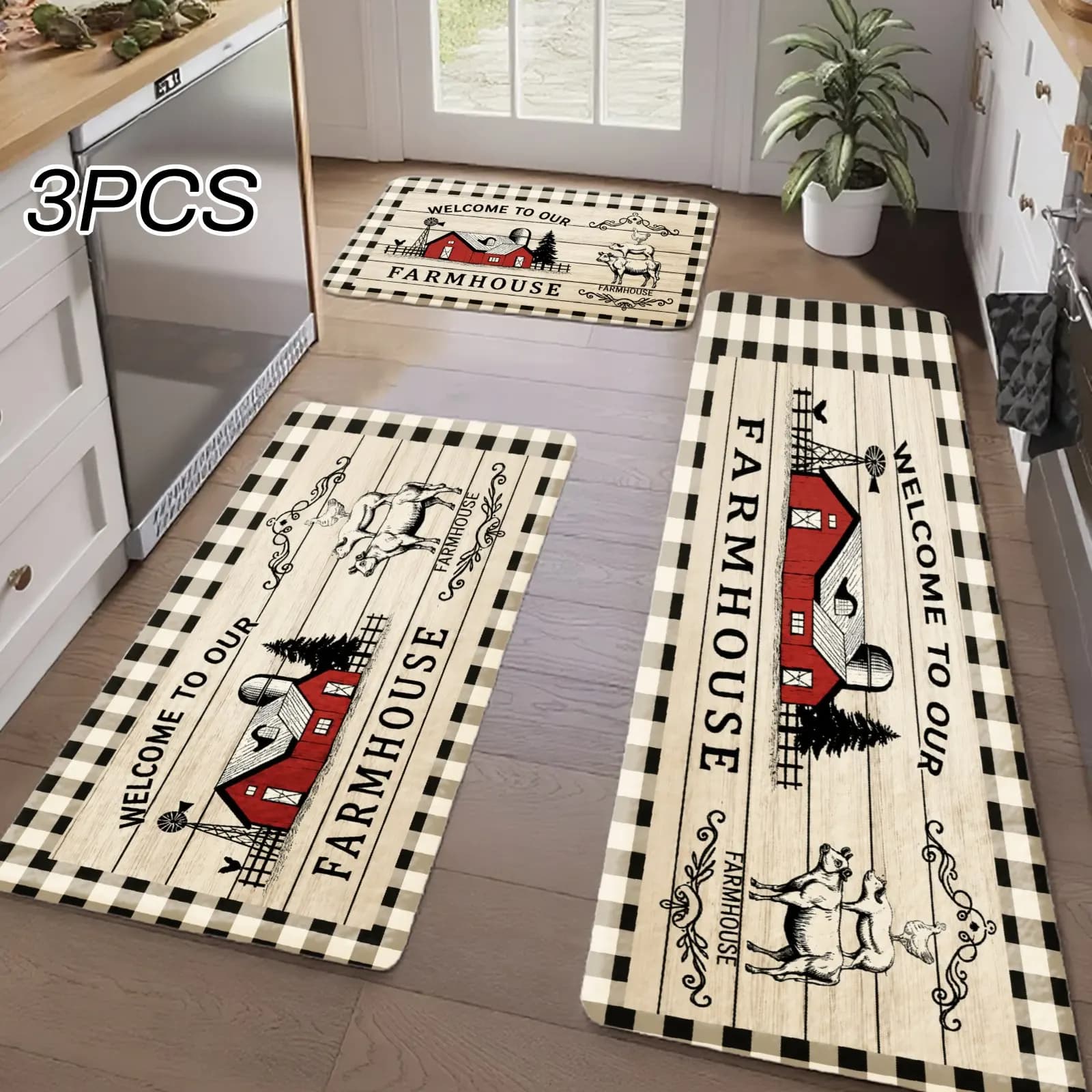 3PCS Kitchen Rugs,Home Decoration for Front Door, Kitchen, Bathroom, Farmhouse Welcome To Our Red Barn Cow Pattern Dining Mat