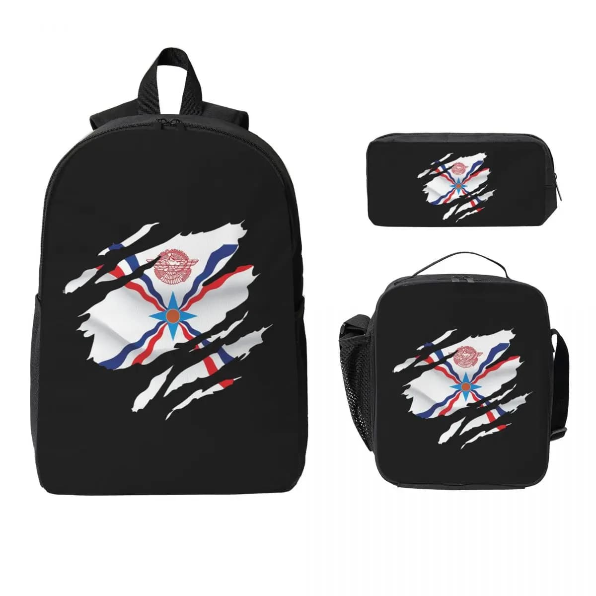 Zaino di lusso con bandiera assiriana Suryoyo per ragazzi e ragazze, borsa per libri, borsa per la scuola, borse a tracolla per laptop, 3 pezzi, borsa termica per il pranzo, astuccio per matite