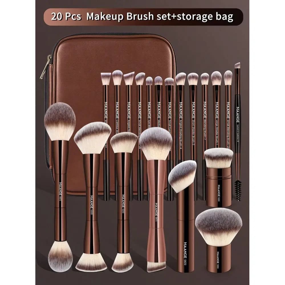 MAANGE Set di 20 Pennelli Professionali per Trucco con Tubo in Alluminio Lungo e Borsa Portaoggetti, Pennello per Fondotinta, Pennello per Cipria, Pennello per Blush, Pennello Illuminante