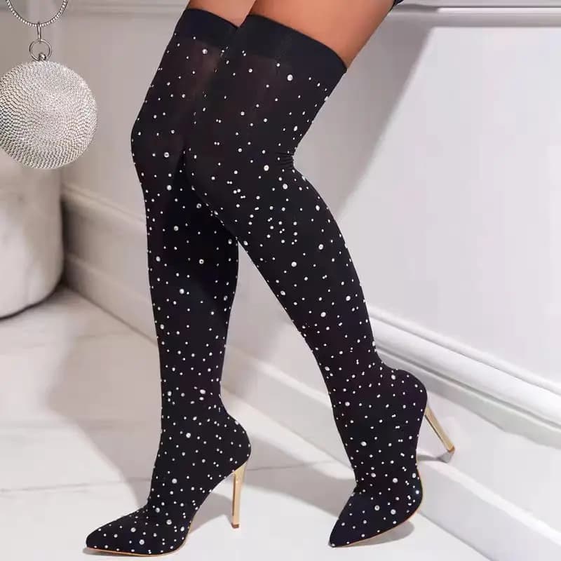 Boots with elasticated sock with thin leg with rhinestones Woman 2025 Summer Autumn Knitches High heels Long shoes Women's pointed boots over the knee