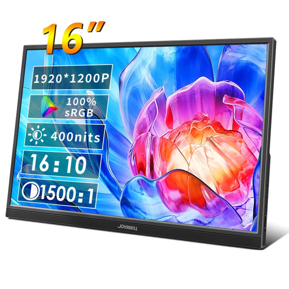 Portable monitor JOHNWILL-16 inches, 1200P, HDR, 16:10, with support, low blue light Xbox, PS4/5, switch, phone, PC, extension Loptop