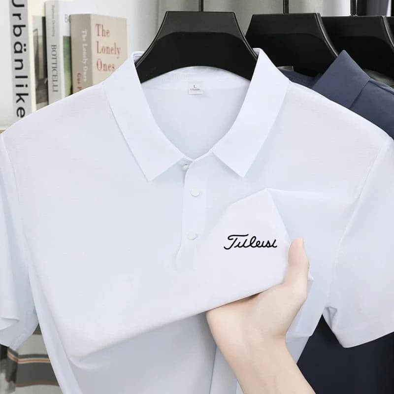 Polo da uomo a maniche corte con stampa del marchio Golf, in seta ghiaccio senza cuciture, top estivo comodo e traspirante, T-shirt casual con risvolto
