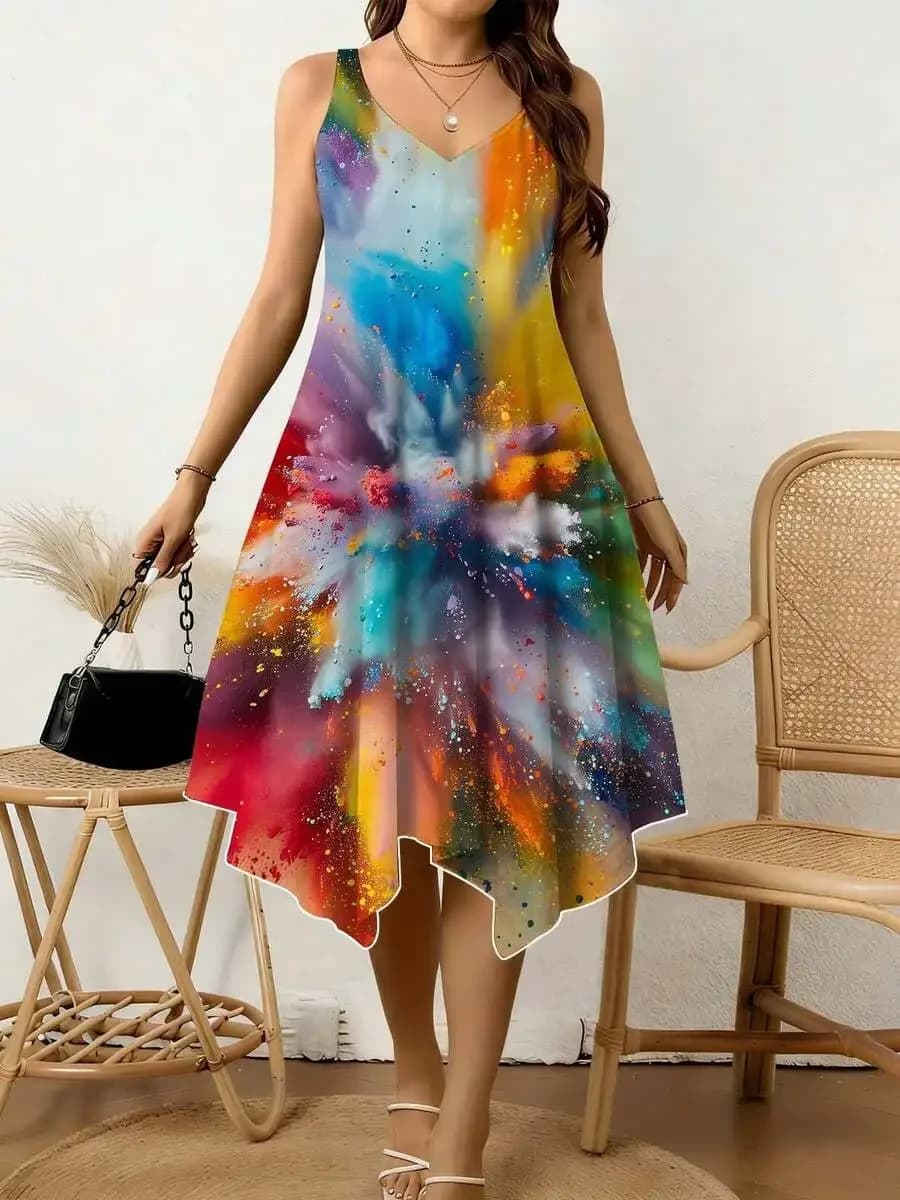 Colorful Abstract Print Women V Neck Sleeveless Dress Irregular Hem Summer Casual Wear