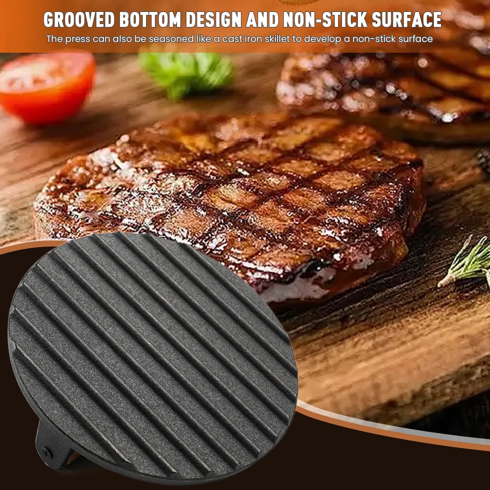 Small Bacon Press with Wood Handle Cast Iron Burger Press Non-Stick Meat Steak Press Board for Griddle Grill Hamburger