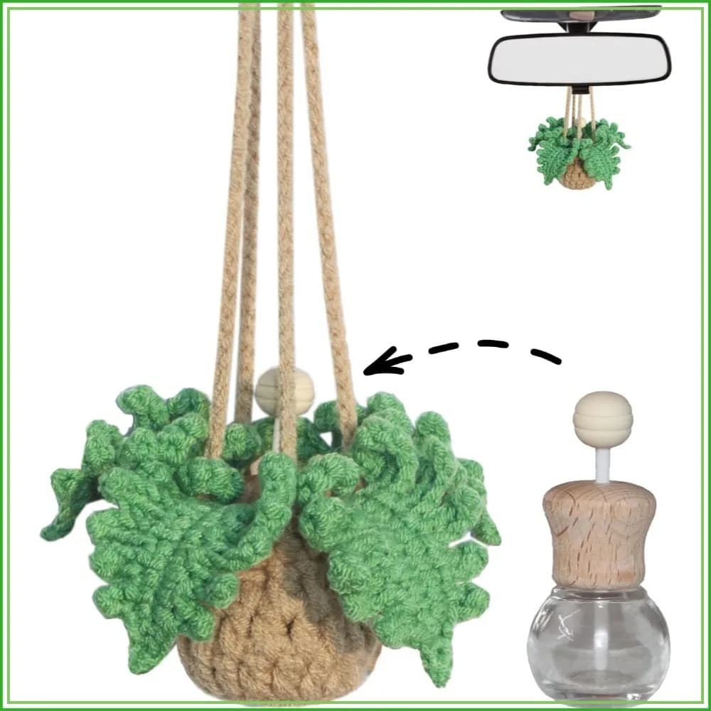 Handmade Crochet Car Air Freshener - Bendable Fern Plant with Refillable Oil Diffuser Bottle, Suitable for Car Rearview Mirror Hanging, Home & Office Decor