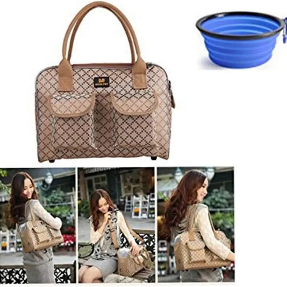 Borsa da trasporto per cani Borsa per animali Borsa per cani Borsa per gatti Borsa per cuccioli, Ciotola per cani pieghevole gratuita inclusa (M Khaki)