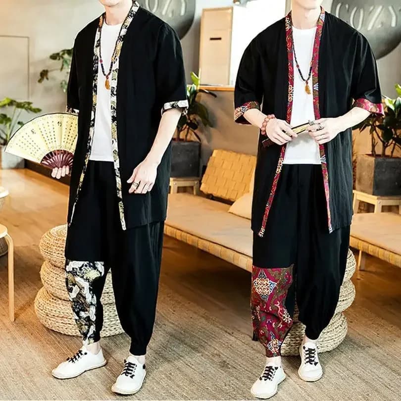 Camicia e pantaloni Kimono sottili estivi da uomo cinesi vintage 2 pezzi Cardigan Tang Suit Retro Kimono giapponese Robe Set di abbigliamento casual