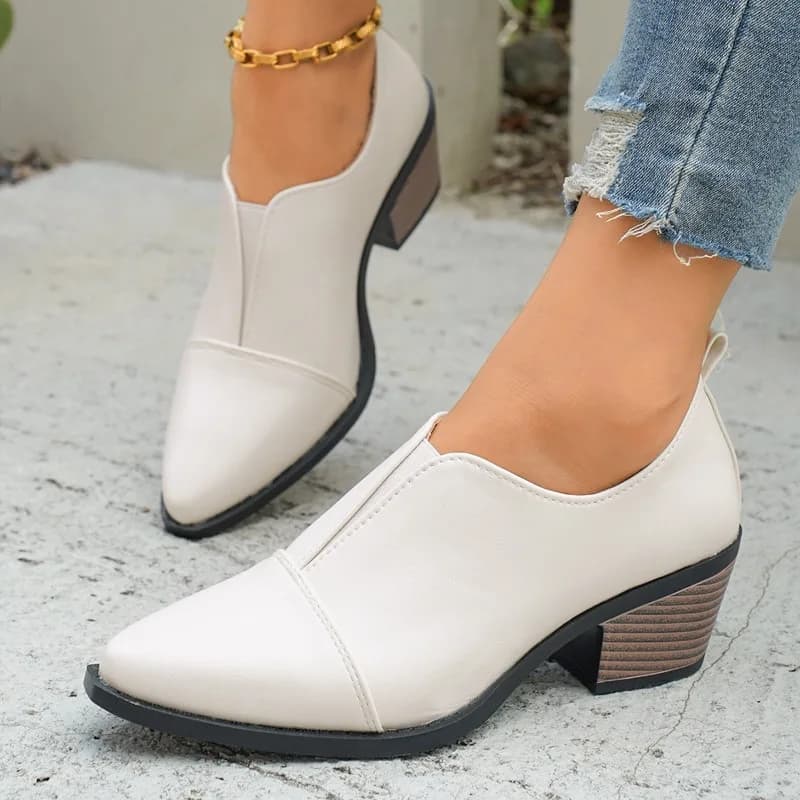 Single shoes with wide heel Women's Spring New Round Toe Scrub Splice Deep Mouth High heels wear-resistant non-slip
