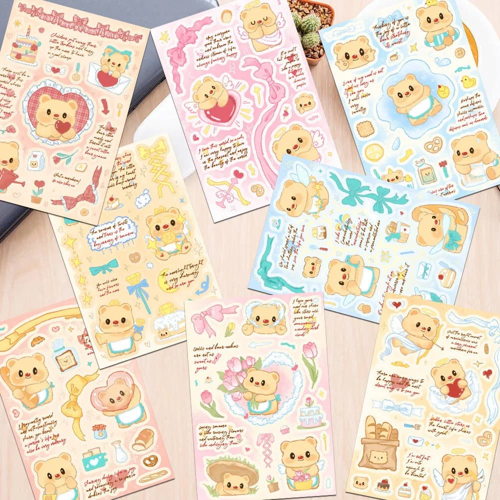8 Fogli di Adesivi Impermeabili Butter Bear per Casco, Bicicletta, Quaderno, Astuccio, Decalcomanie Papery Pop Store