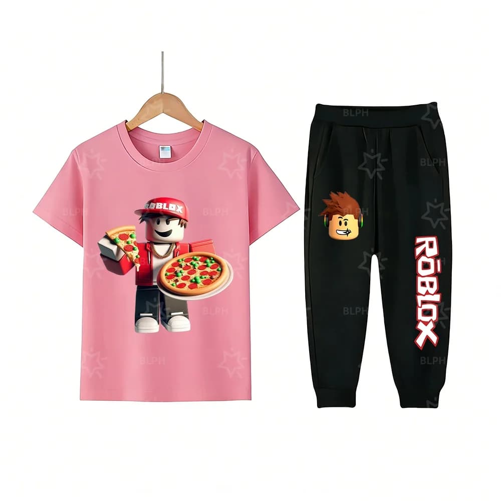 Simpatico set di t-shirt e jeans per bambini con stampa Roblox, abbigliamento casual alla moda per bambini, abbigliamento comodo ed elegante per ragazzo