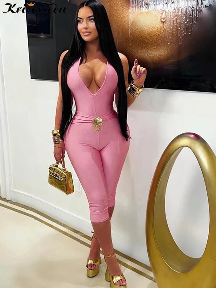 Kricesseen Tuta Sexy Rosa con Halter, Elegante Scollatura Profonda a V, Senza Schienale, Aderente, con Accessorio in Metallo, per Feste e Clubwear
