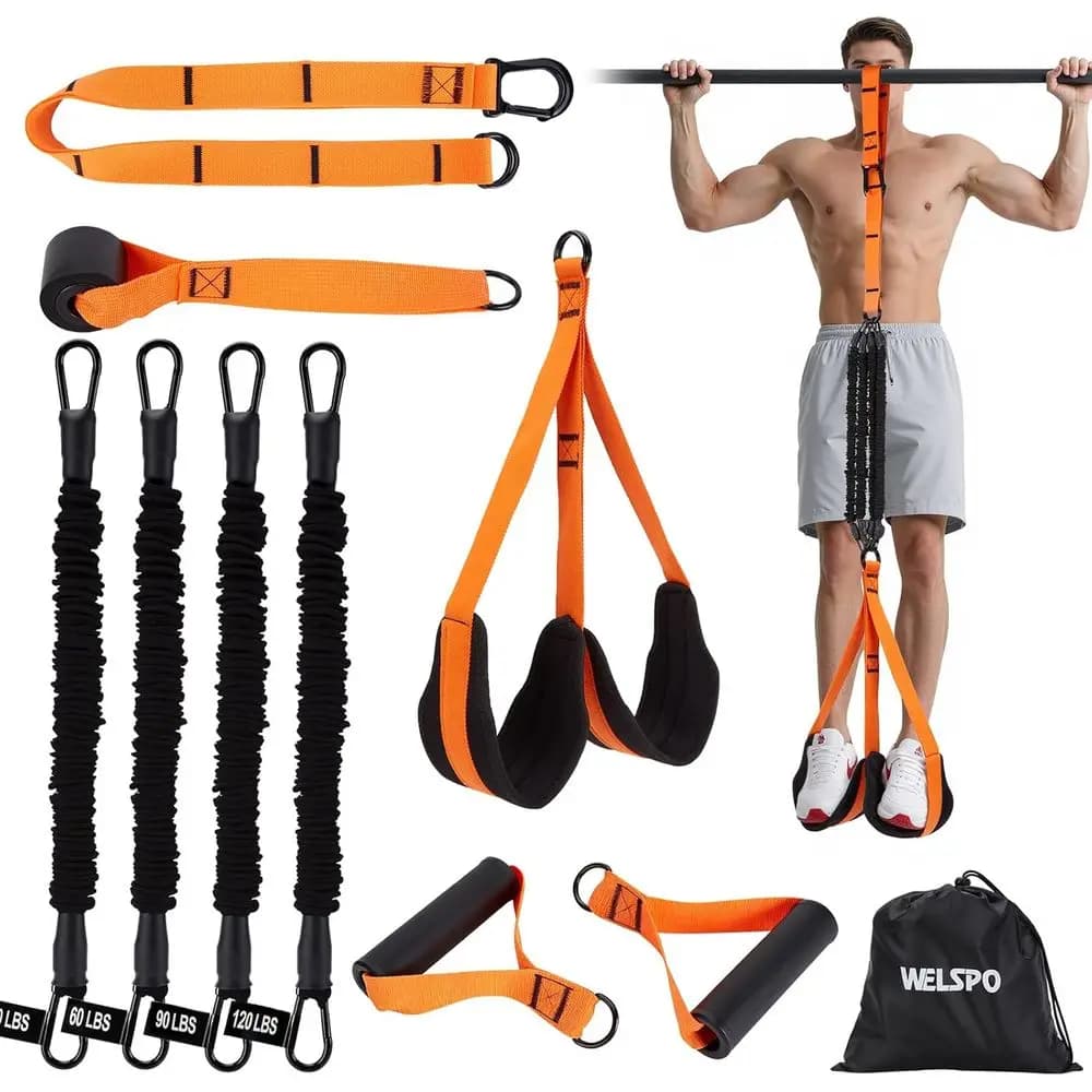 Traction resistance phases with high strength ResiBands or for training with traction bar, adjustable force training equipment at home gym and full fitness