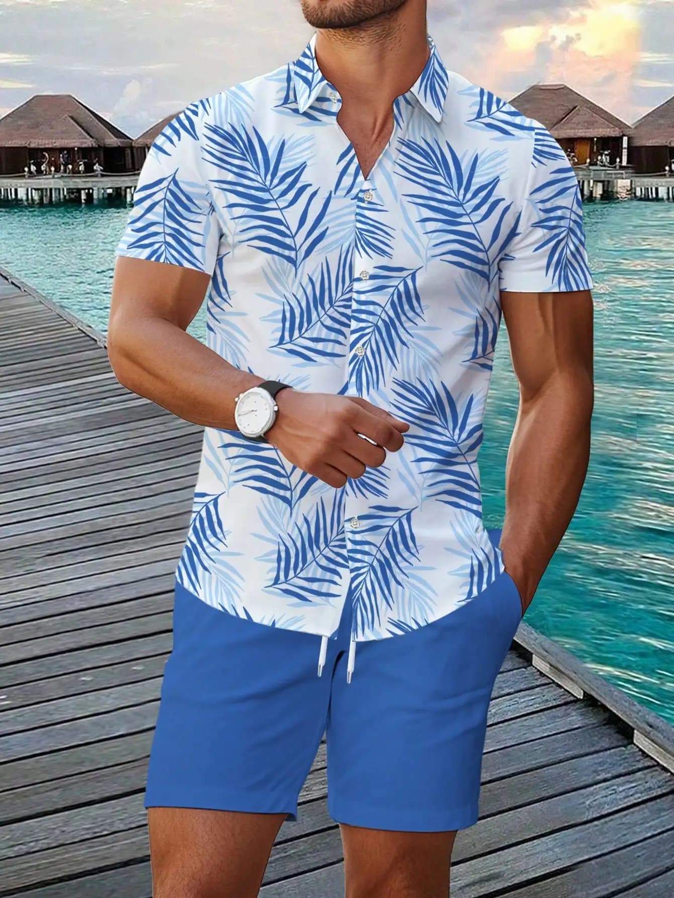 Camicia a maniche corte con stampa di foglie tropicali da uomo con pantaloncini a tinta unita, set casual estivo