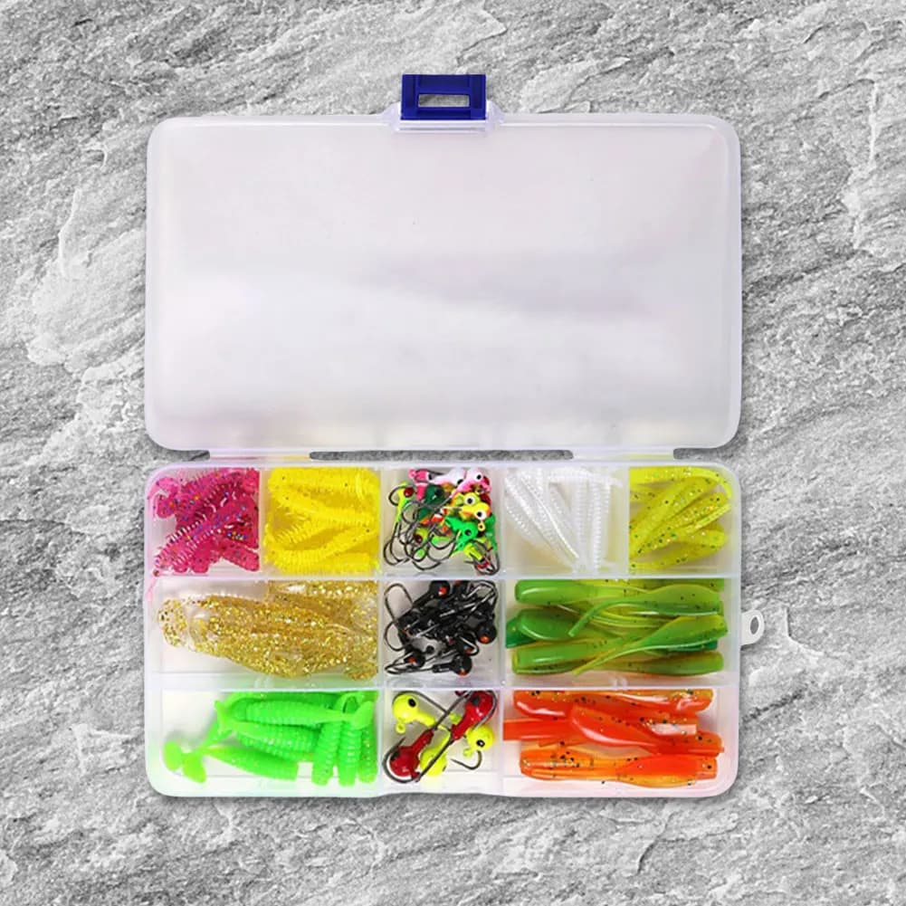 Set of 115 Soft T-tailed baits with fishing hook, Fishing bait accessories set, Fishing equipment box