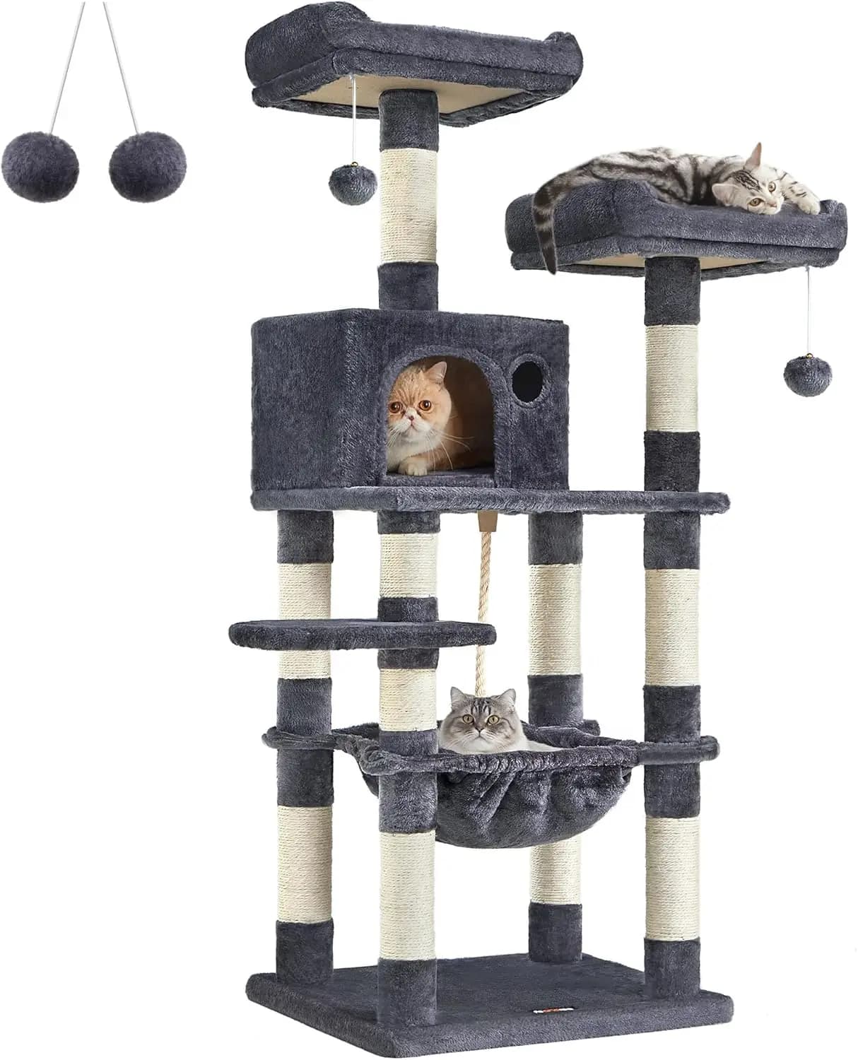 Albero per Gatti, Torre per Gatti da Interno, Cuccia per Gatti da 143 cm con Tiragraffi, Amaca, Sdraio in Peluche, Grigio Fumo UPCT15G