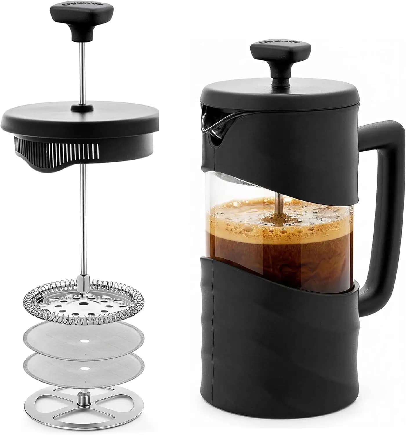 Caffettiera French Press 20oz in Vetro Borosilicato e Filtro in Acciaio Inossidabile, Portatile per Cold Brew, Viaggi, Campeggio, Regalo, Nera