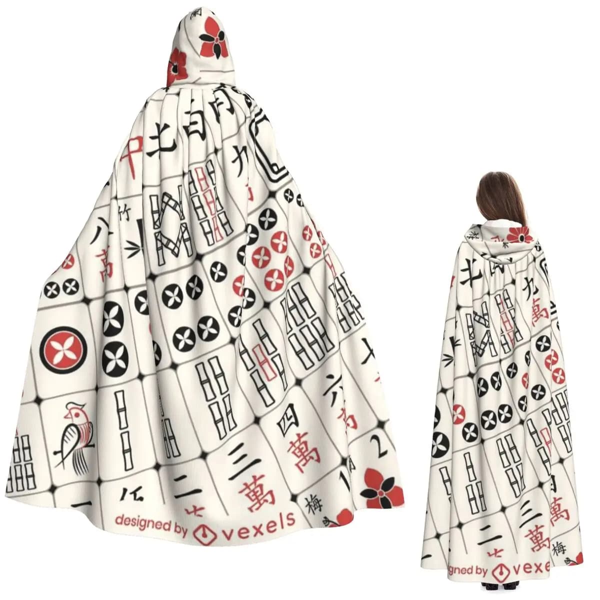Mantello Lungo con Cappuccio Motivo Mahjong Costume da Strega Medievale Cosplay Mantello per Halloween Unisex Adulto