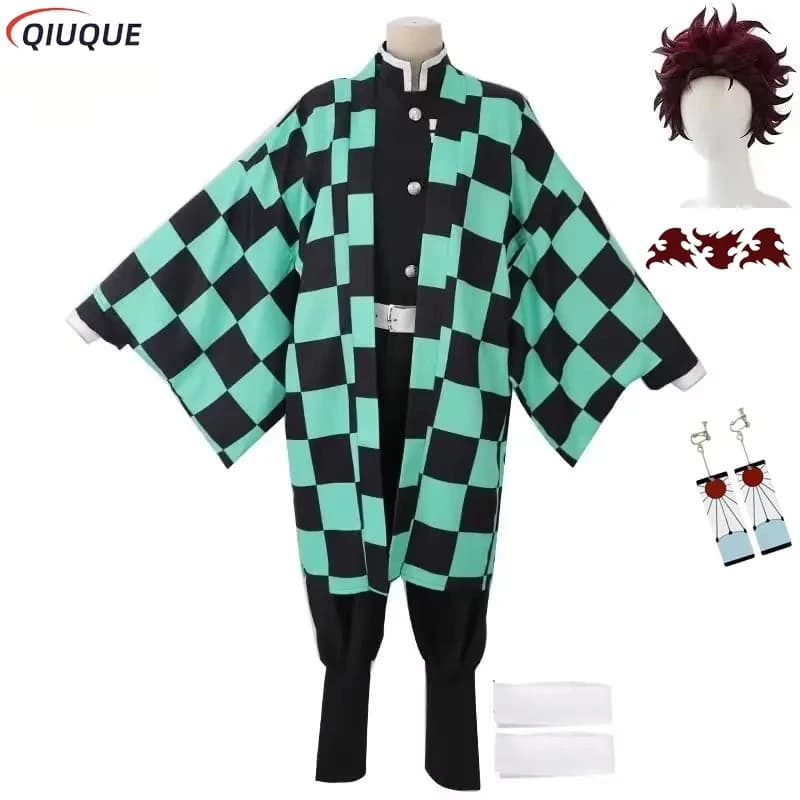 Kamado Tanjirou Cosplay Costume Accessories Earrings Tattoo Stickers Wig Anime DS Kimono Green Cloak Halloween Carnival Outfits