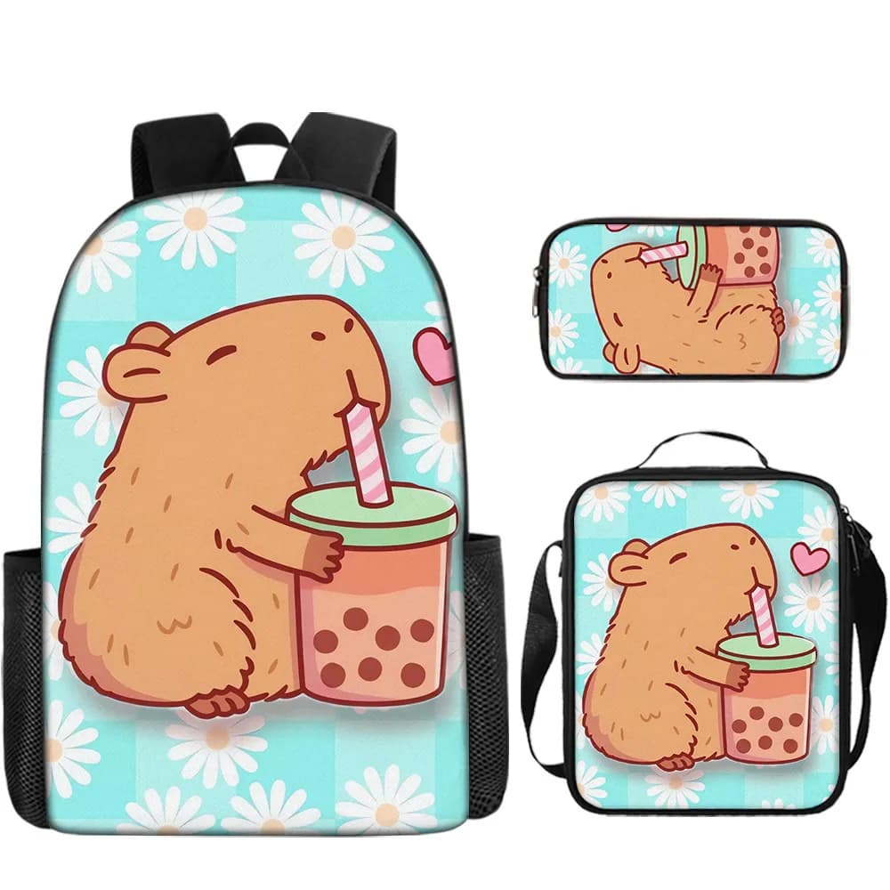 Classic Popular Funny Novelty capybara 3D Printed 3pcs/Set pupil School Bags Laptop Daypack Backpack Lunch bag Pencil Case
