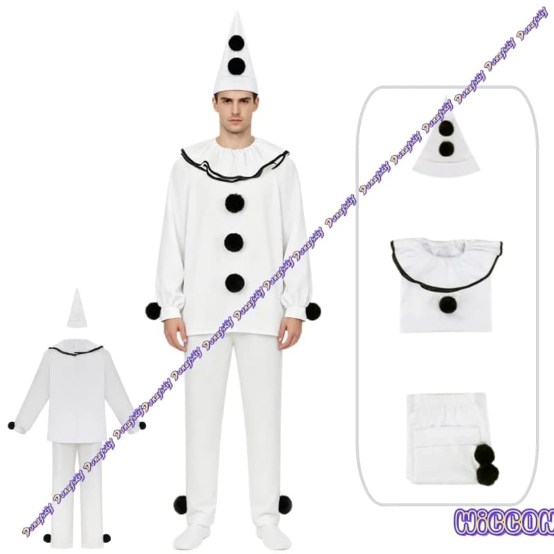 Pierrot Clown Cosplay Halloween Party Costume Black White Outfit For Adults Carnival Performance Wear Pajamas Ghost Party