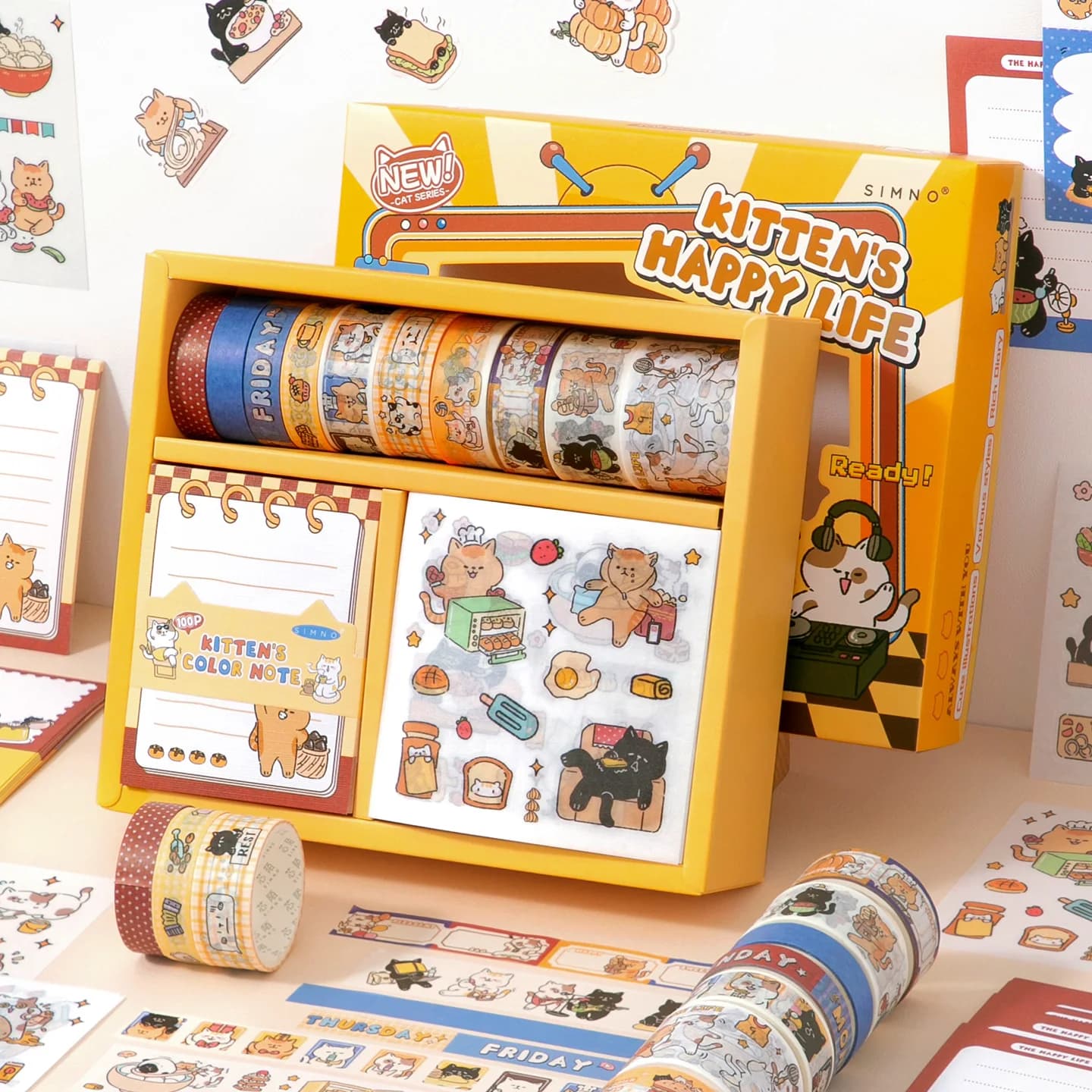 120 Pcs Kawaii Cat Scrapbook Supplies Kit Stationery Set With Memo Notes Washi Tape & Stickers Craft Gift For Cat Lover