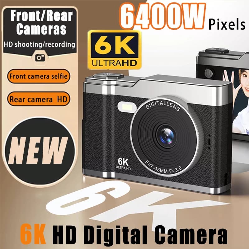 Fotocamera Digitale 6400W 6K HD con Display IPS da 2,4 Pollici, Doppia Fotocamera, Luce di Riempimento, Zoom 8x, Videocamera per Studenti, Fotocamera CCD Portatile per Selfie