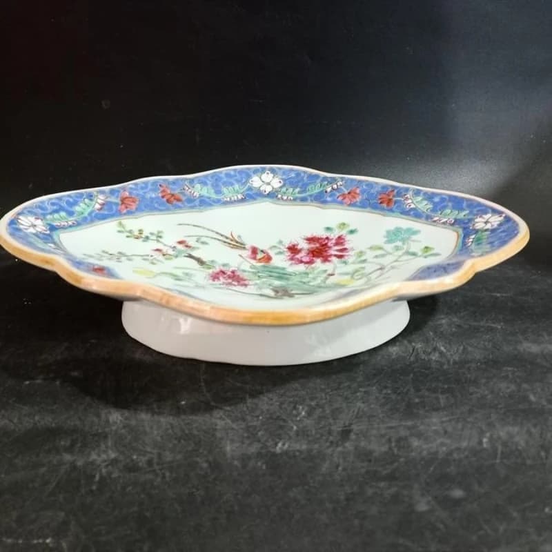High fruit plate with hand painted pastel flowers and birds, melon seed dish