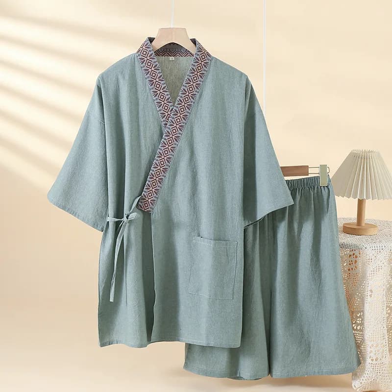 100% Cotton Men Pajamas Summer Japanese Kimono pajamas 2 Piece Set Nightwear Simple Sleepwear Suit Pijama Loungewear