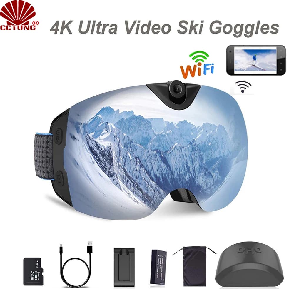 Occhiali da Sci con Videocamera 4K Ultra HD WIFI, Registrazione Video Super 1080P 60fps, Lenti Antiappannamento per Snowboard con Protezione UV400