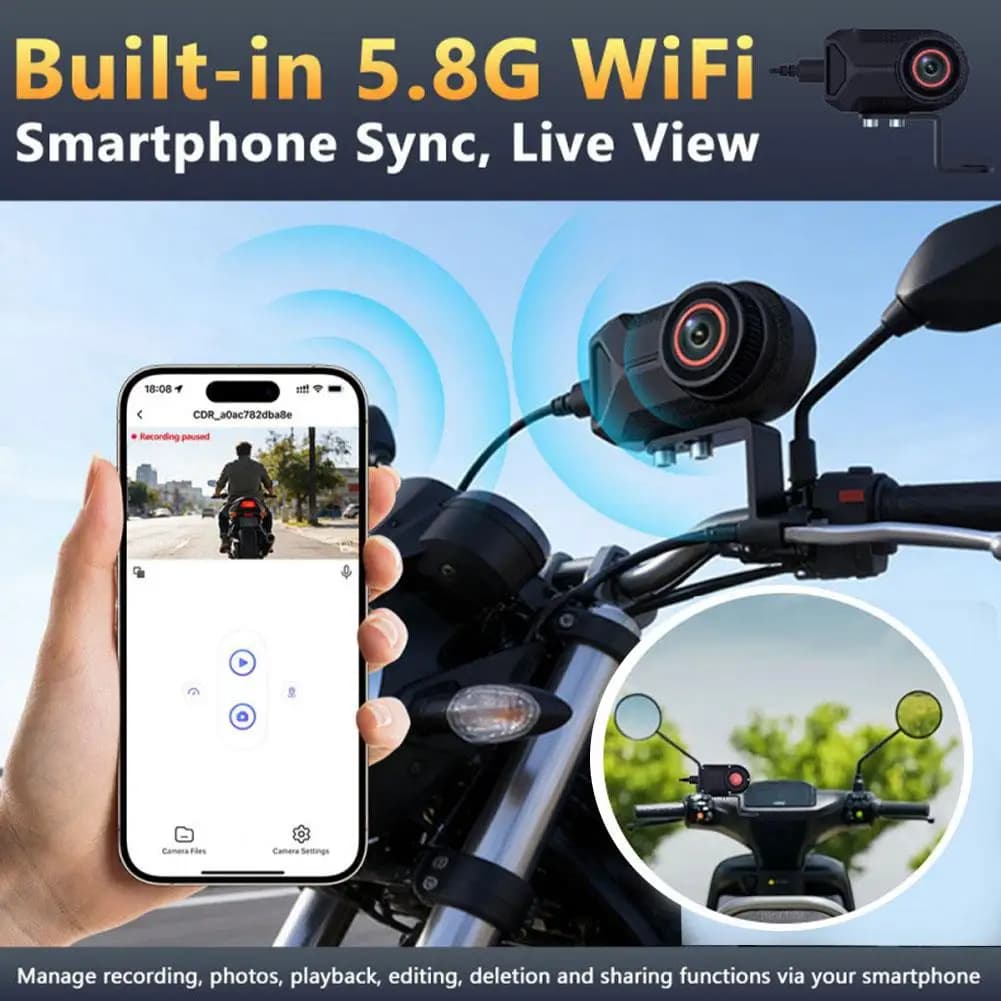 2K Moto Camera, Dash Cam WiFi DVR, Waterproof IP66 with 170° Loop Wide Recording Angle with H2v2