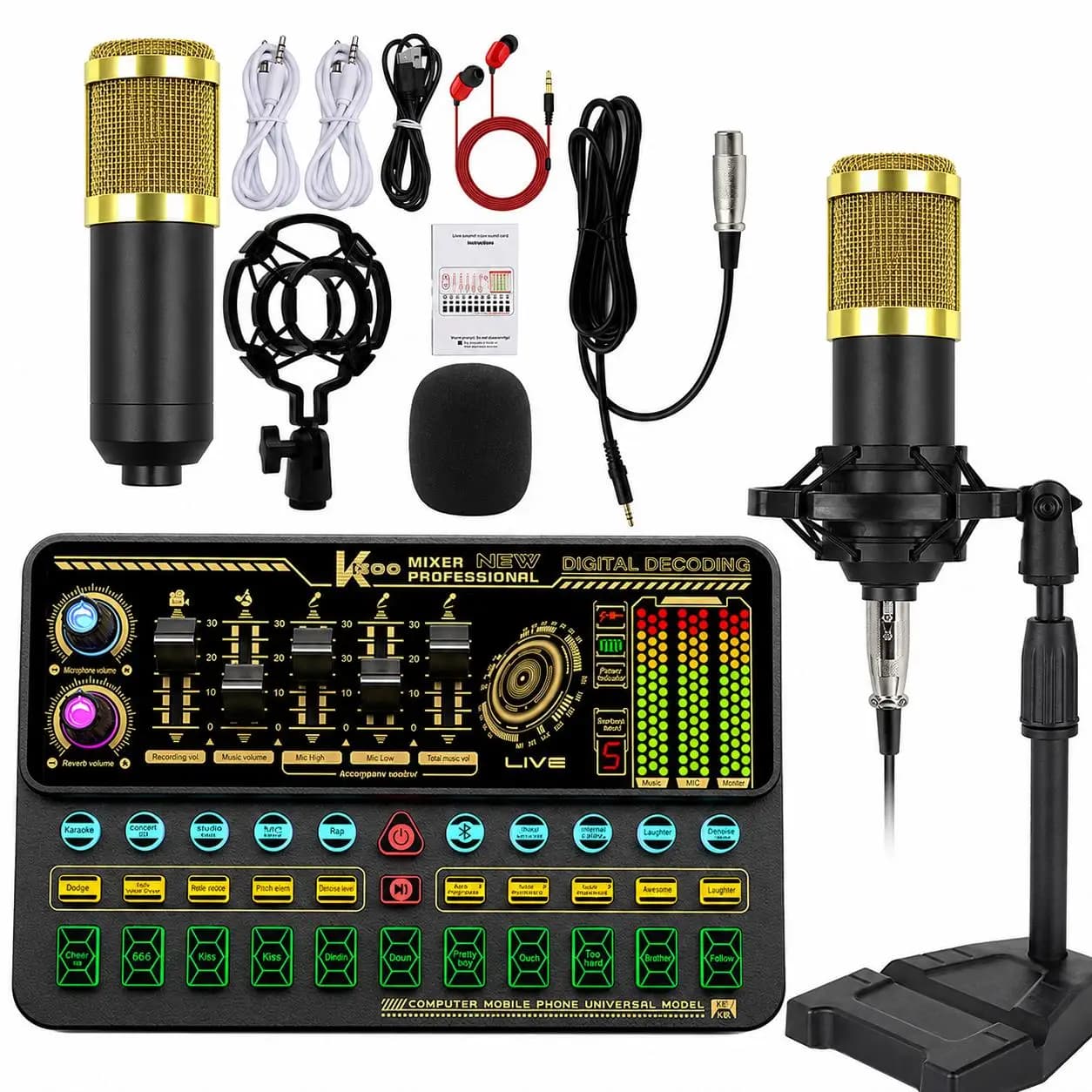 Bluetooth Live Sound Card Kit with Microphone Podcast Recording Live Streaming Equipment for Phone PC Karaoke Broadcast