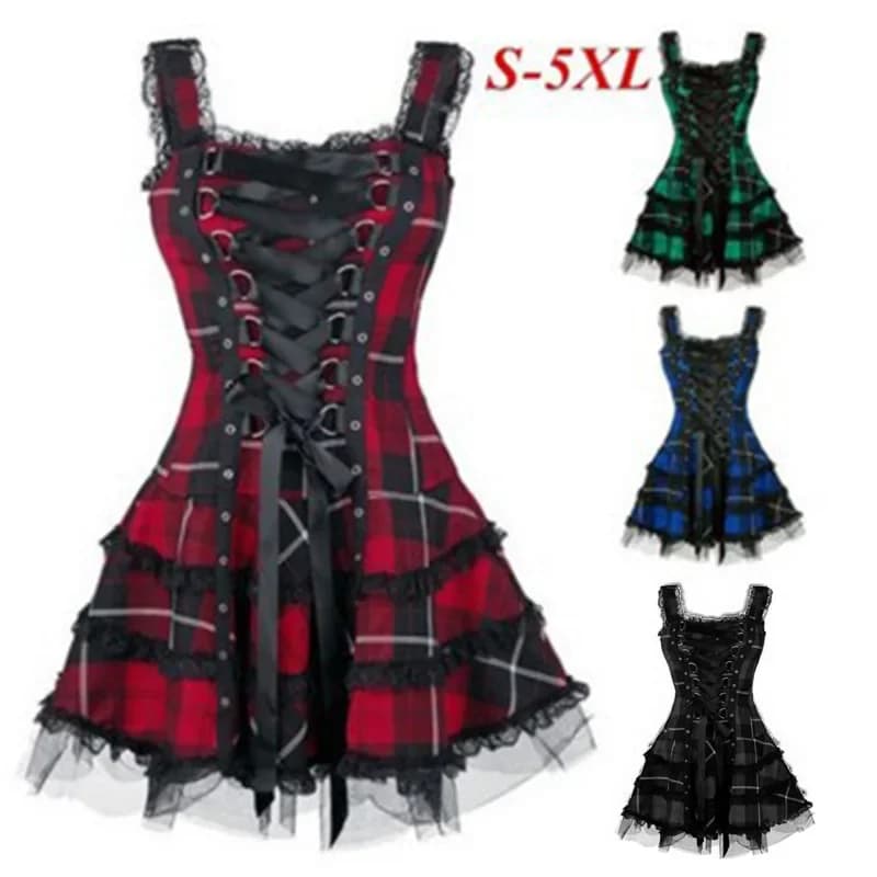 Chic Lolita Plaid Abito estivo Senza maniche Vintage Fasciatura Midi Vestido Gotico Pizzo con volant A Line Abiti con cinturino con occhielli S-5XL