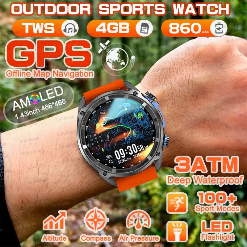 T-REX3 Nuovo 466*466 Schermo Astuto Della Vigilanza Degli Uomini di Grado Militare GPS Mappe Offline 860mAh Bussola Sempre Chiamata Bluetooth 4GB Orologio Musica