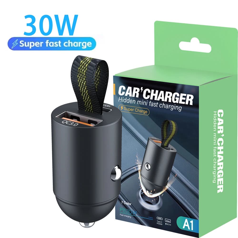 Caricabatteria da auto Mini USB PD 30W Ricarica super veloce Tipo-C Adattatore per caricabatteria per telefono cellulare per auto a ricarica rapida per iPhone Huawei Samsung