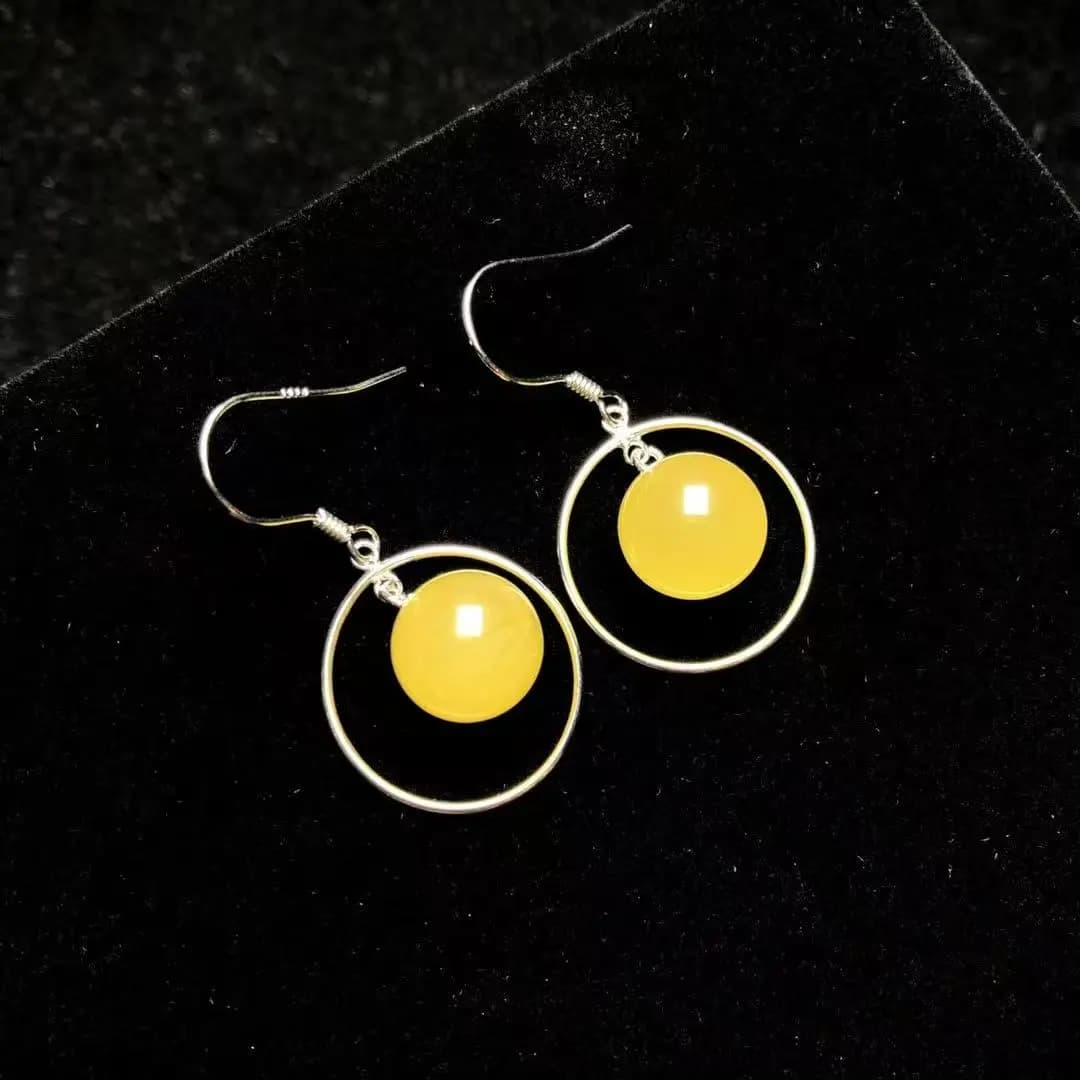 Regalo romantico Orecchini pendenti da donna in argento puro 11 mm rotondo ambra cera d'ape centro anello rotondo in argento gioielli per la fidanzata